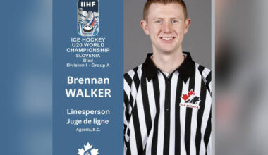 Agassiz hockey official Brennan Walker was selected as an official for the IIHF World Championship tournament in Slovenia, which just concluded this past weekend. (IIHF)