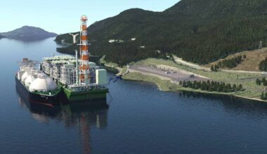 An artist&rsquo;s rendering of the Cedar LNG facility. The project is undergoing regulatory review, with recent amendments involving changes to planned stream crossings. Cedar LNG graphic