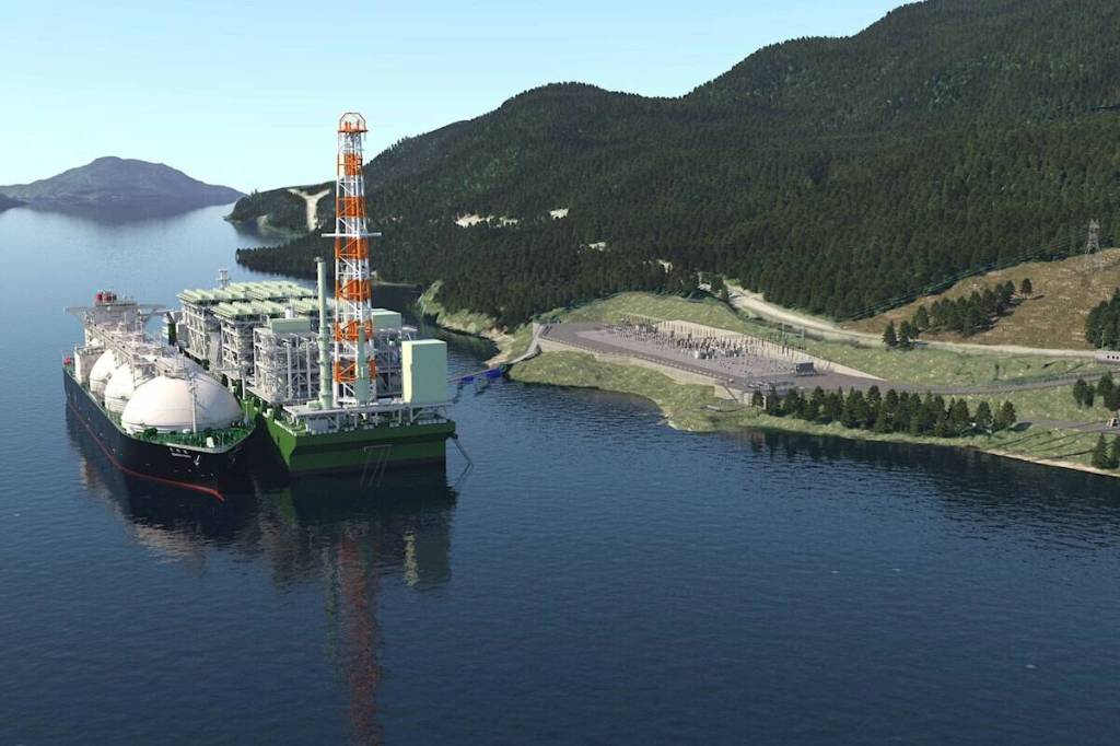 An artist&rsquo;s rendering of the Cedar LNG facility. The project is undergoing regulatory review, with recent amendments involving changes to planned stream crossings. Cedar LNG graphic