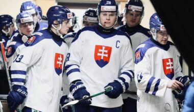 Captain Tobias Pitka leads Slovakia out of the tunnel before their pre-tournament game against Czechia. (Photo courtesy of Hockey Slovakia)
