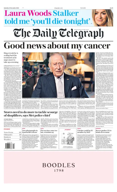 "Good news about my cancer," reads the headline on the front page of the Daily Telegraph.