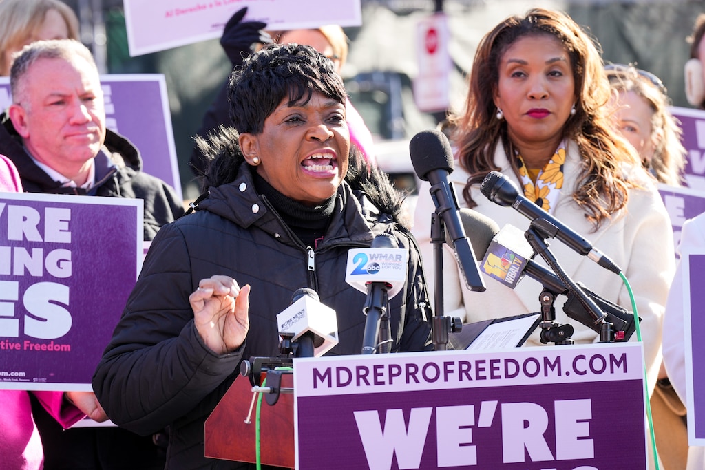 Maryland House Speaker Adrienne A. Jones speaks at a reproductive rights presser on Lawyers Mall outside the Maryland State House on January 22, 2024. The "Freedom in Reproduction - Maryland" ballot committee is launching their campaign Monday, on the 51st anniversary of Roe v. Wade.