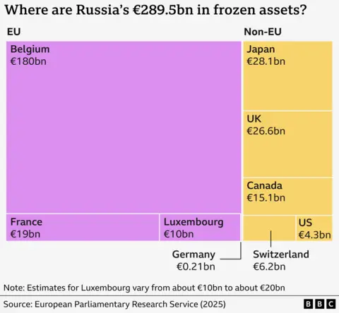 Graphic showing where Russia's frozen assets are held