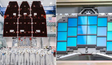 A group of engineers in white cleanroom suits stand in front of a large spacecraft with folded solar panels (left); a close-up of blue-tinted square sensors on a metallic frame (right).
