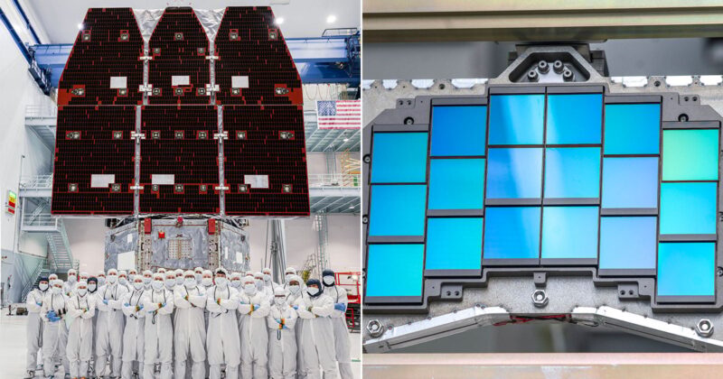 A group of engineers in white cleanroom suits stand in front of a large spacecraft with folded solar panels (left); a close-up of blue-tinted square sensors on a metallic frame (right).