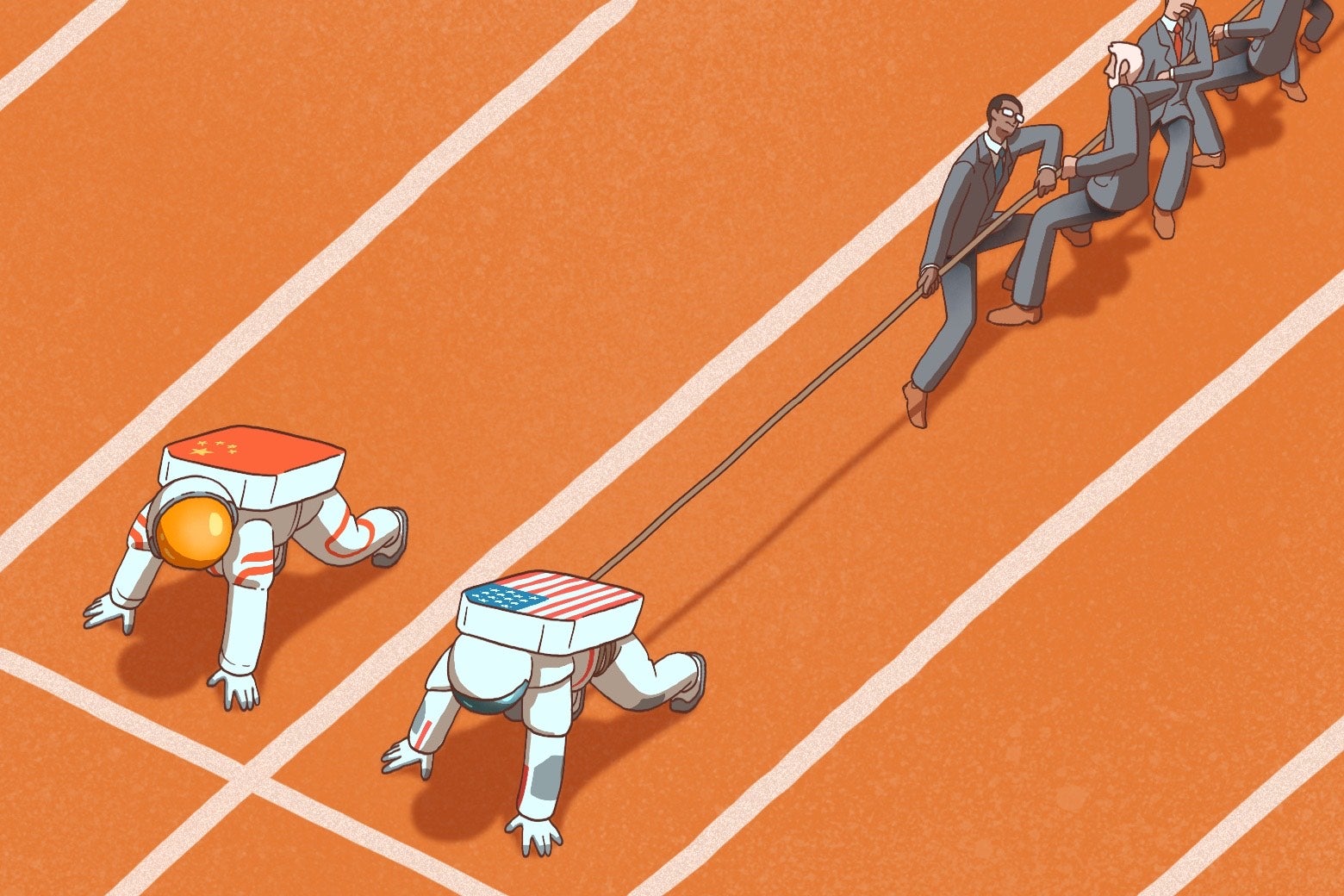 Astronauts lined up on a running track to race.