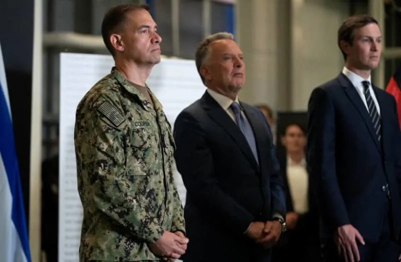 Steve Witkoff, US Special Envoy to the Middle East, Admiral Brad Cooper, commander of the United States Central Command (CENTCOM), and Jared Kushner, during a press conference following a military briefing at the Civilian Military Coordination Center in southern Israel on Tuesday, Oct. 21, 2025. (credit: Nathan Howard/Pool via REUTERS)