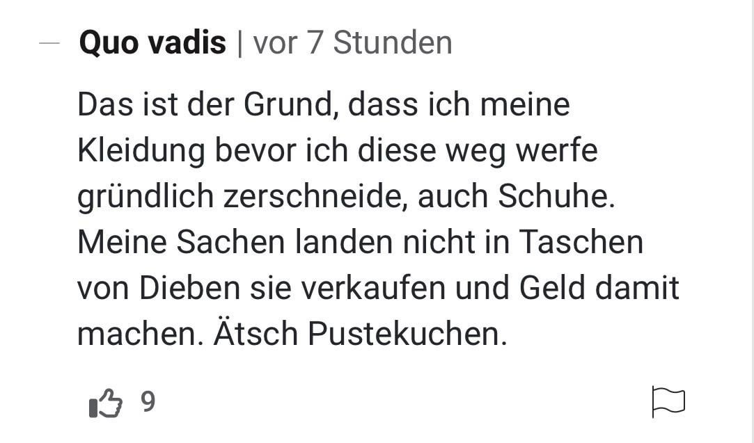 Kommentar in der Heute über eine Pensionistin die Kleidung aus dem Altkleidercontainer „gestohlen“ hat.