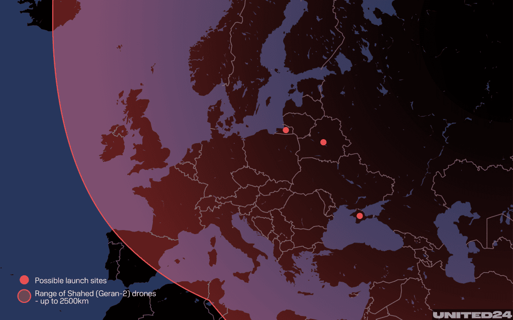 Approximate range of Russian Shahed (Geran-2) drones if launched from Belarus, Kaliningrad, or occupied Crimea—the closest sites Moscow can use as drone and missile launchpads against Europe. Illustration: UNITED24 Media Approximate range of Russian Shahed (Geran-2) drones if launched from Belarus, Kaliningrad, or occupied Crimea—the closest sites Moscow can use as drone and missile launchpads against Europe. Illustration: UNITED24 Media