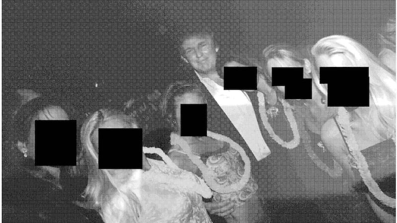 Trump is featured in a photo with five women with their faces blocked out.