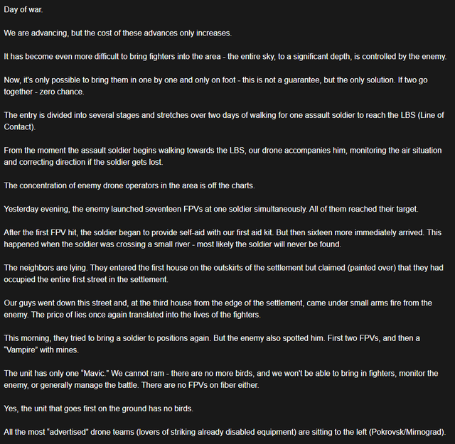 Russian soldier describes the situation at Pokrovsk: "The concentration of enemy drone operators in the area is off the charts. Last night, the enemy launched seventeen FPVs at one fighter in a single moment. All of them reached their target."