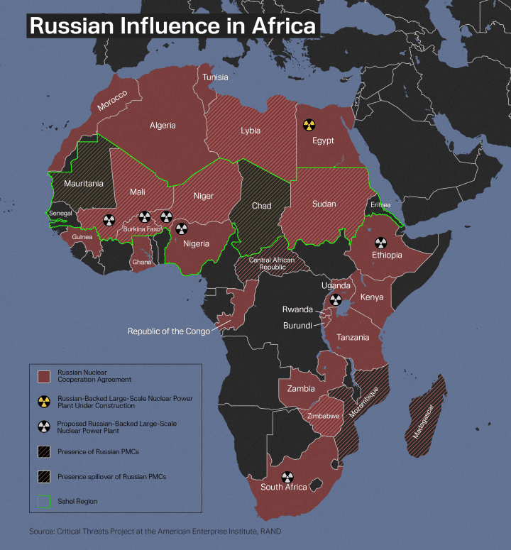 Russian influence across Africa, including its nuclear and military foothold. (Source: based on maps created by Critical Threats Project at the American Enterprise Institute, and RAND.)