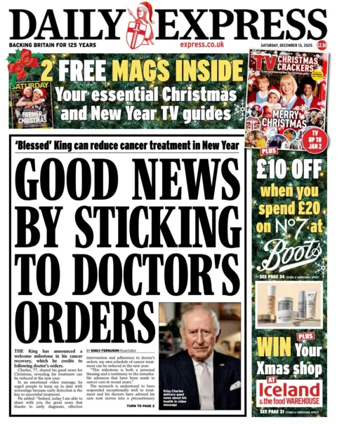 "'Blessed' King can reduce cancer treatment in New Year: Good news by sticking to doctor's orders," reads the headline on the front page of the Daily Express.