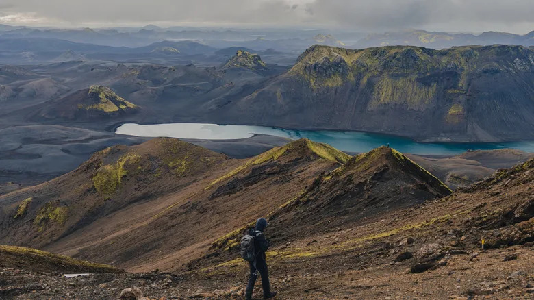A man hikes the beautiful Landmannalaugar