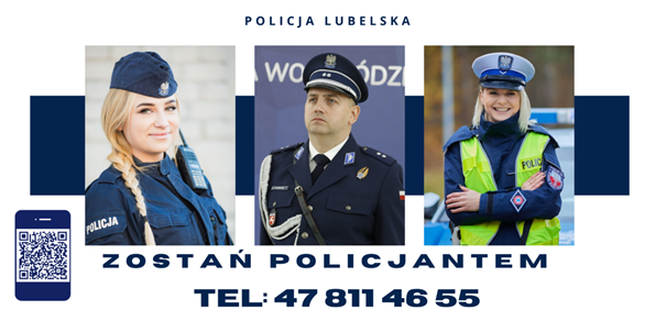 plakat dotyczący doboru do służby w policji i hasło Zostań policjantem. Na plakacie policjant i dwie policjantki.