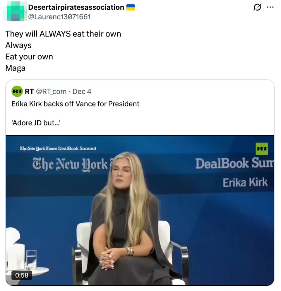 Screenshot of a tweet showing a woman named Erika Kirk at a New York Times event, with captions referencing political commentary
