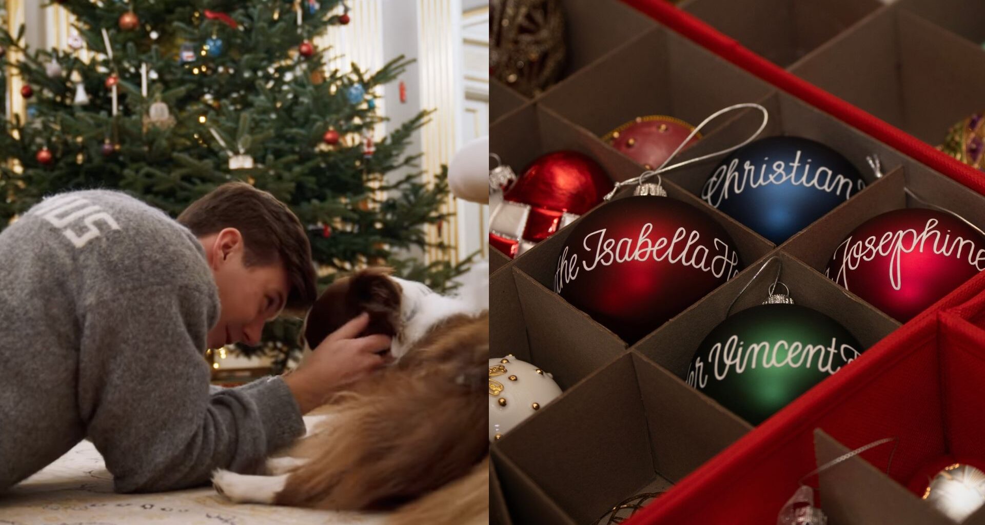 Crown Prince Christian petting a dog; a box of Christmas ornaments