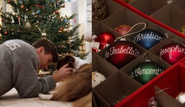 Crown Prince Christian petting a dog; a box of Christmas ornaments