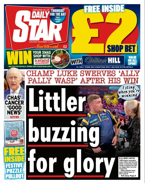 "Champ Luke swerves 'ally pally wasp' after his win: (Luke) Littler buzzing for glory" reads the headline on the front page of the Daily Star.
