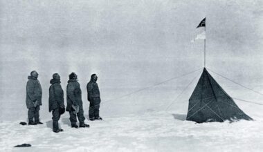 Roald Amundsen and his team at the South Pole on December 14th, 1911, after beating Robert Falcon Scott’s British expedition to become the first to reach the pole.