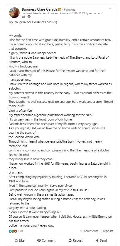 Baroness Gerada's inauguration speech on Linkedin part 1 Photo: Linkedin