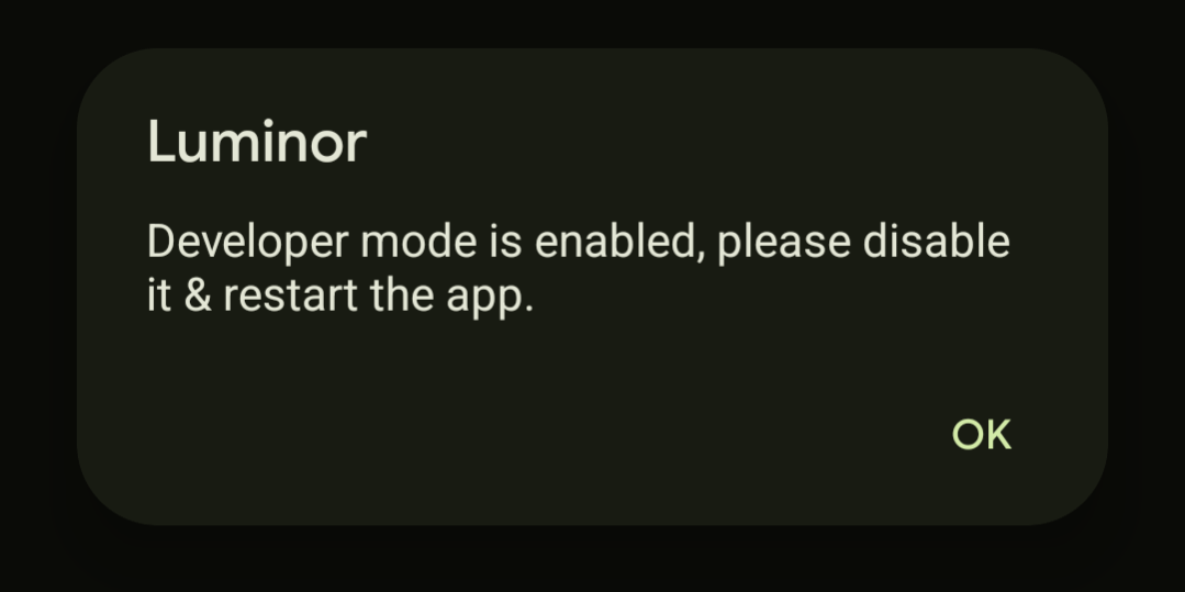 Luminor äpp keeldub avanemast, kui Androidil Developer mode sees