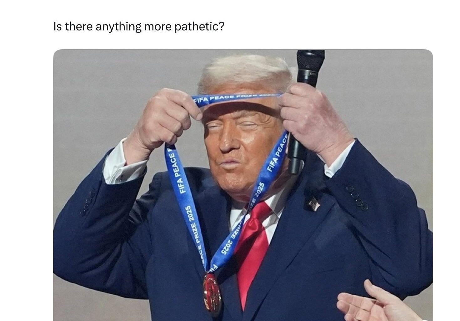 Trump winning a peace prize from FIFA is like a tequila factory giving a sobriety award. And the best part? He slapped the medal on himself. Since when does the “winner” do that? It’s not an award ceremony, it’s a manchild toddler declaring himself King of Make-Believe.