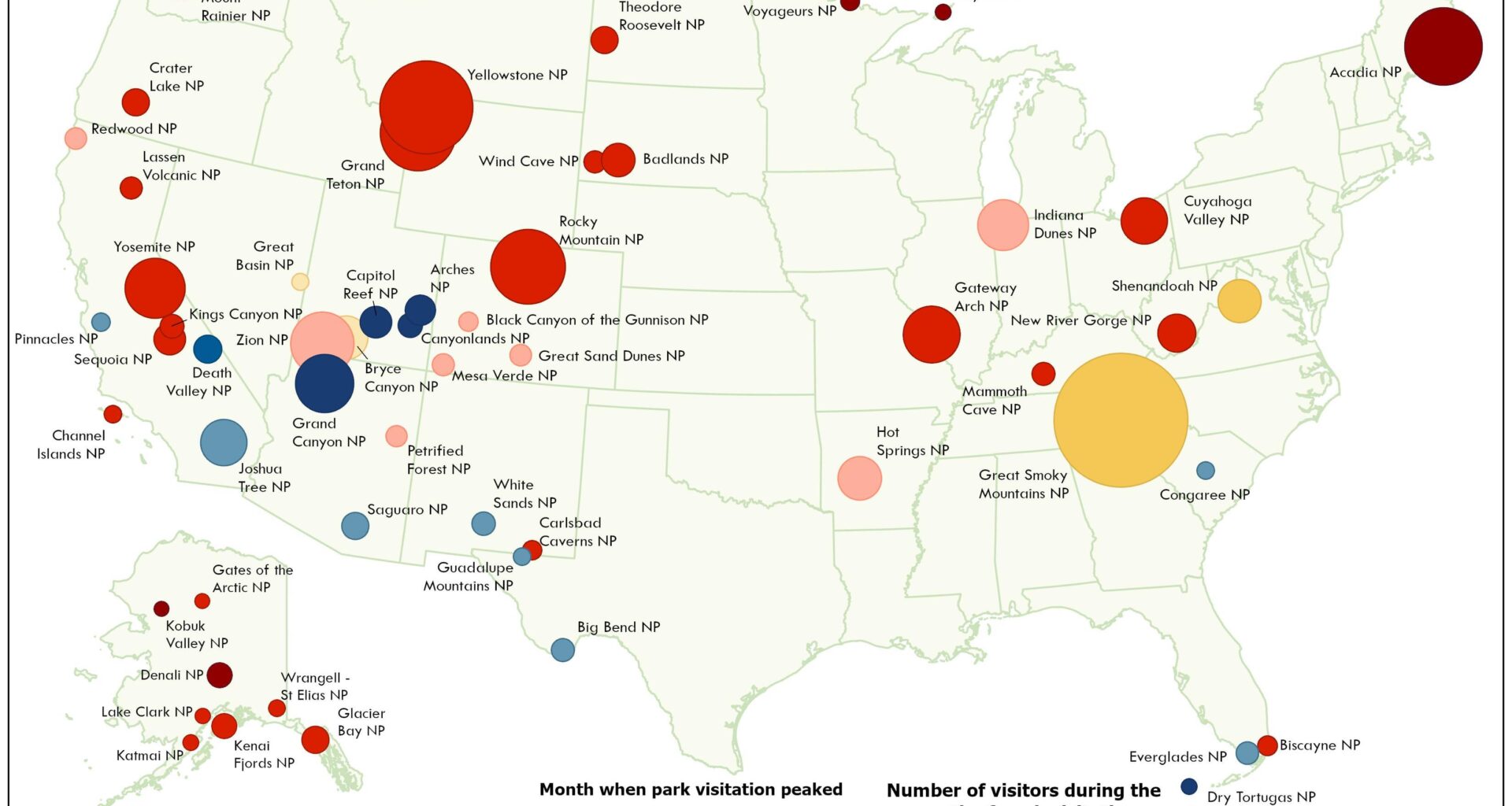 [OC] When did visitation peak at each National Park in 2024?