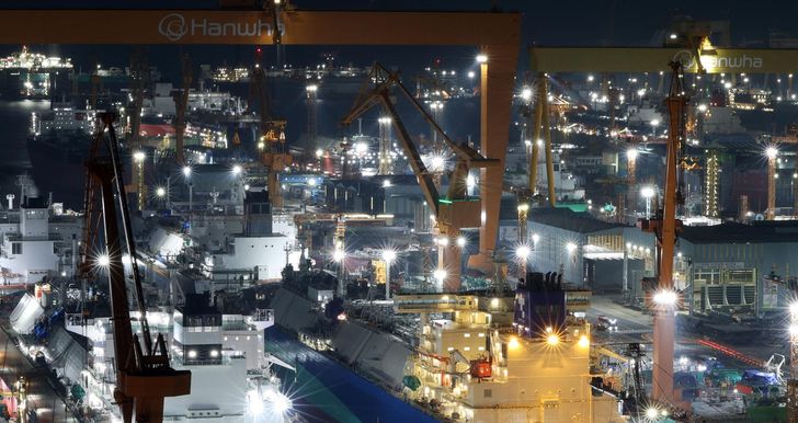 The lights are on at Hanwha Ocean's shipyard on Geoje Island, South Gyeongsang Province, Dec. 17, 2025. Yonhap