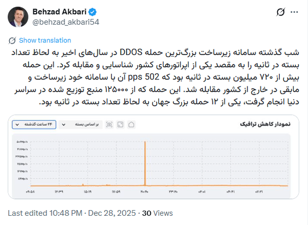 Behzad Akbari’s message regarding one of the largest cyberattacks in the world targeting Iran’s telecommunications infrastructure. Social Media / WANA News Agency