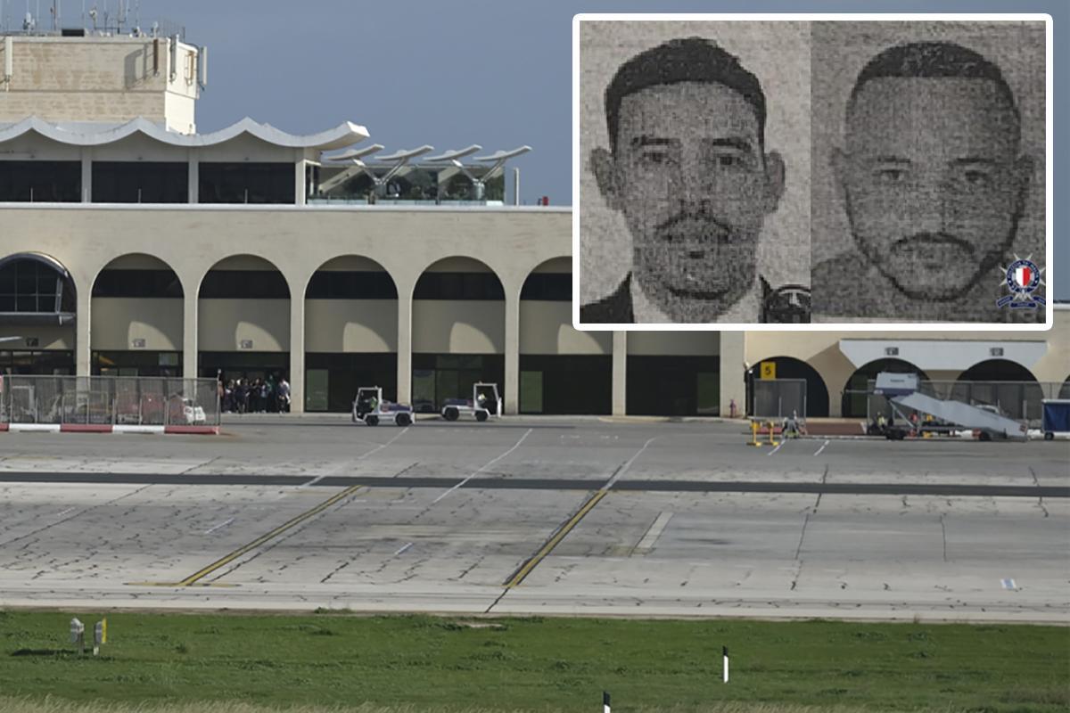 Fouad el Sellah (inset, left) and Mohamed Lazaar (inset, right) are still at large after escaping a Turkish Airlines aircraft at Luqa airport on January 1. Inset: Malta Police Force