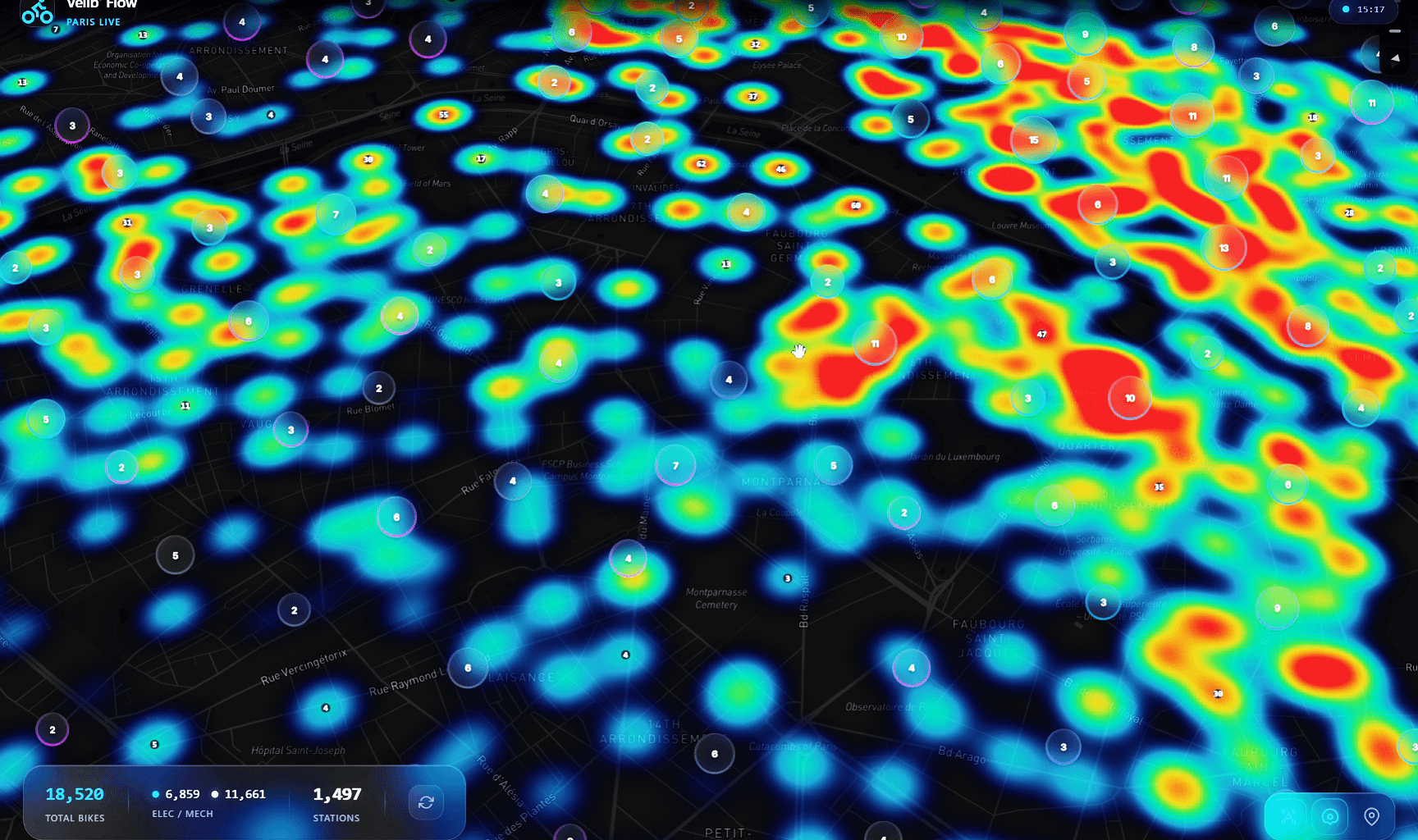 [OC] Real-time visualization of 19,000 Velib bike locations in Paris (github repo linked)