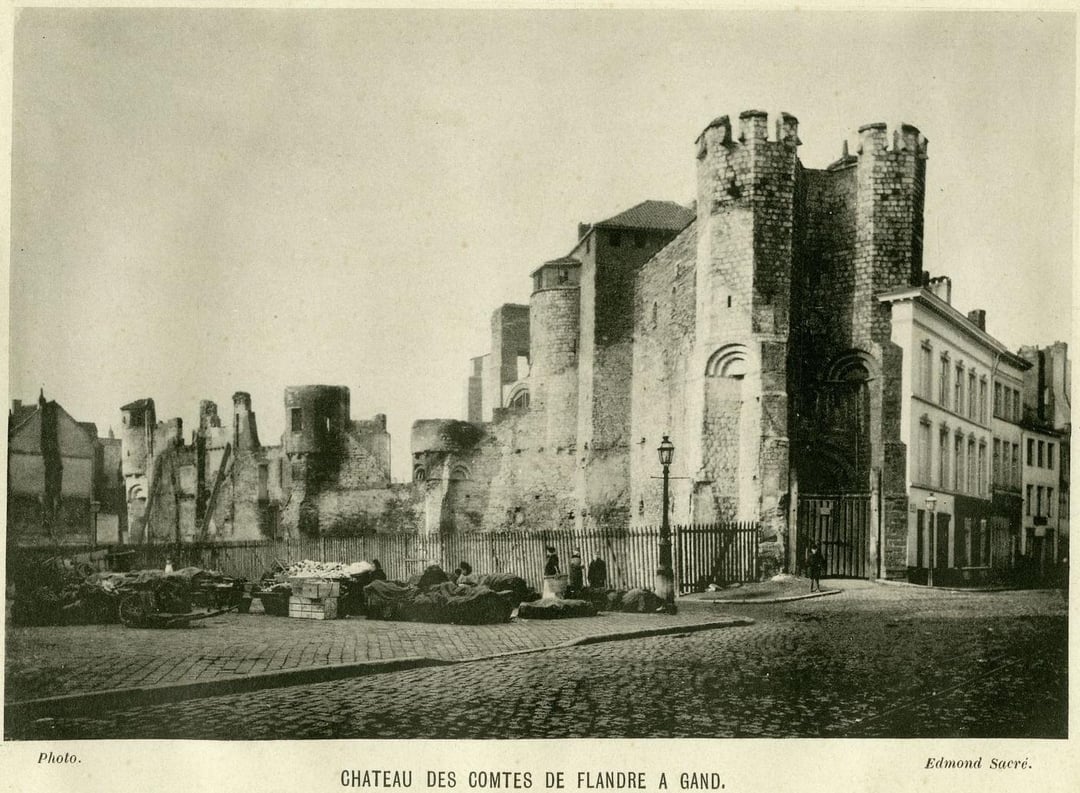 Then & now; Gravensteen Castle, Ghent in 1893, just before large-scale restoration began. The castle was in poor condition because monument preservation was not well-known at the time: until ca 1884, a cotton factory was located in the castle itself, and workers' houses were built against its walls.