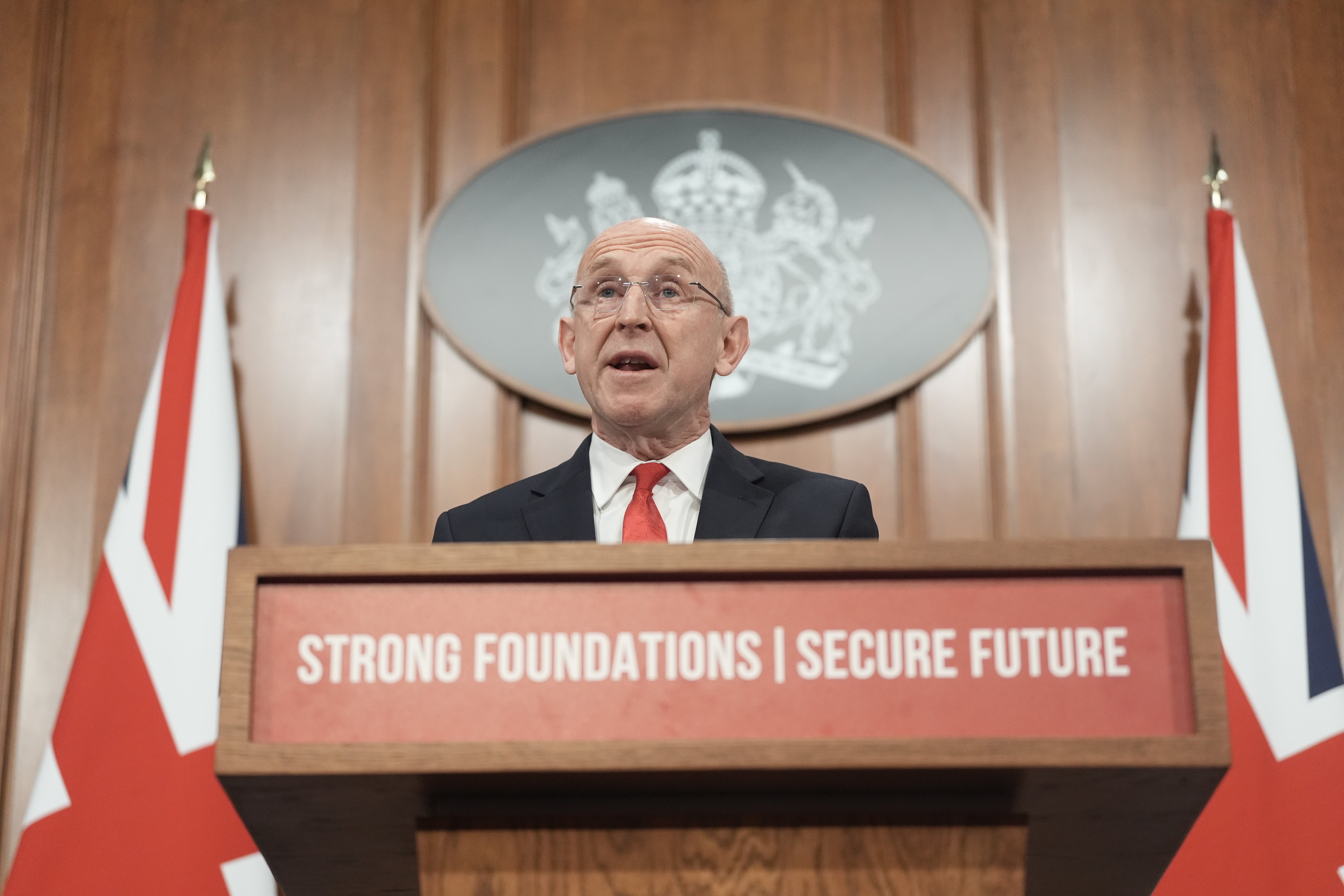 Defence Secretary John Healey delivering a speech on how the UK’s defence industry is delivering growth and national renewal across the UK (Stefan Rousseau/PA)
