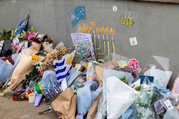 A floral tribute at the site of last Sunday’s terrorist attack at Bondi Beach 