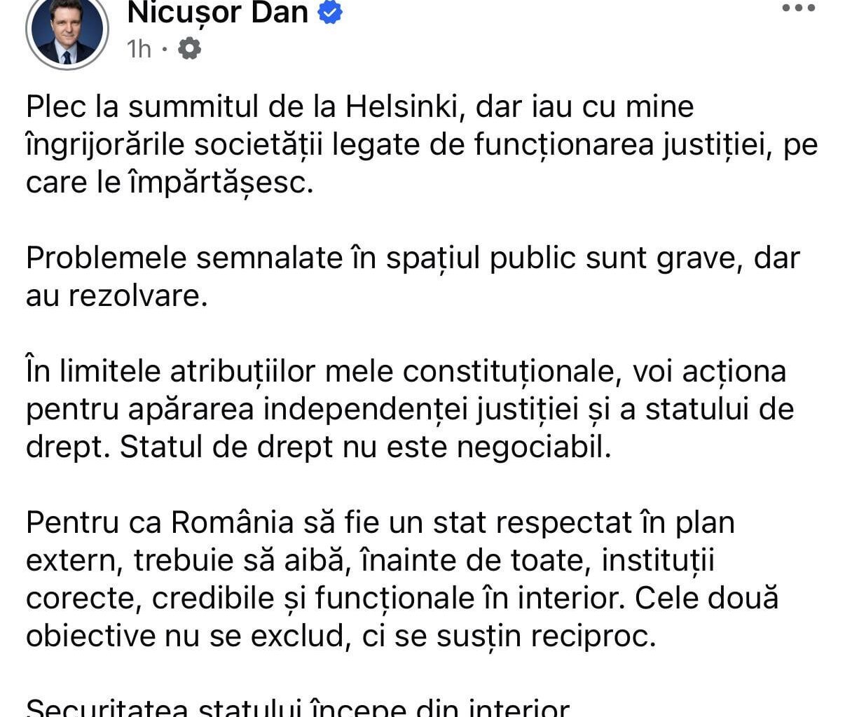 Mesajul lui Nicusor Dan cu privire la problemele din justitie inainte de plecarea la Helsinki