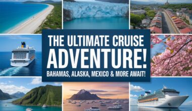 A large cruise ship at sea with passengers enjoying the panoramic views of the mediterranean coastline, showcasing the mix of adventure and relaxation.