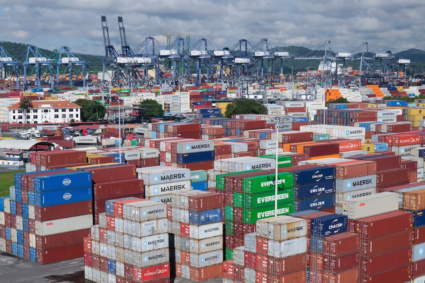 Ship containers are stacked at the Panama Canal Balboa port, operated by the Panama Ports Company, in Panama City, on Sept. 20.