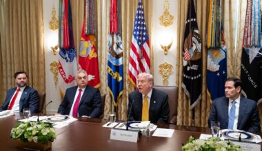 S President Donald Trump, alongside Secretary of State Marco Rubio (R) and Vice President JD Vance (L), speaks during a meeting with Hungarian Prime Minister Viktor Orban (2L) in the Cabinet Room of the White House in Washington, DC on November 7, 2025.