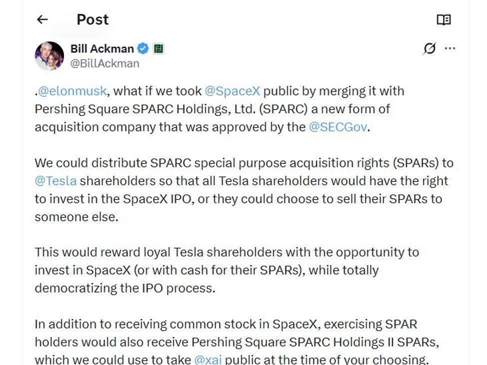 Ackman pitches radical SPARC deal to Elon Musk to take SpaceX public (Tesla-linked route)