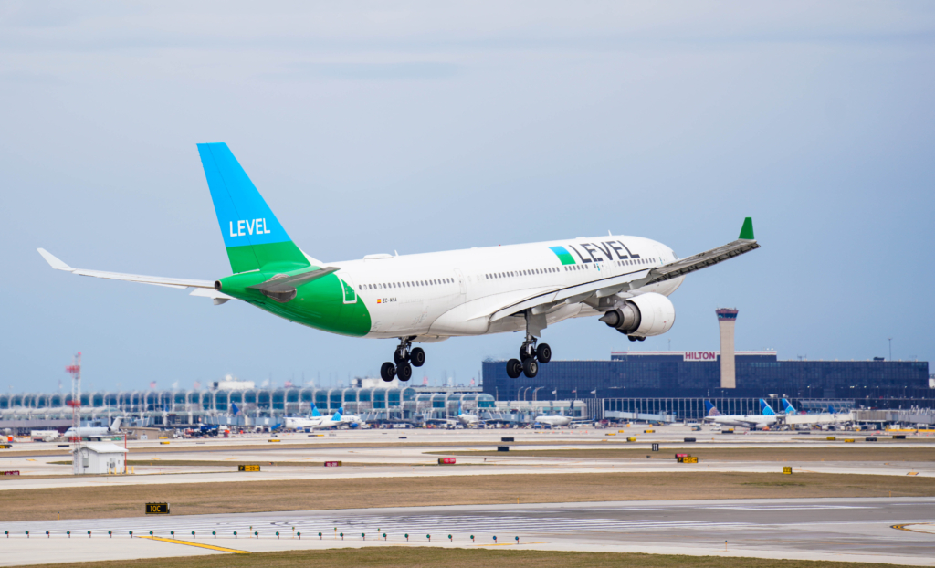 LEVEL A330 landing in Chicago in the US
