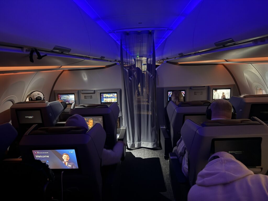 Blue mood lighting is illuminating the cabin. 