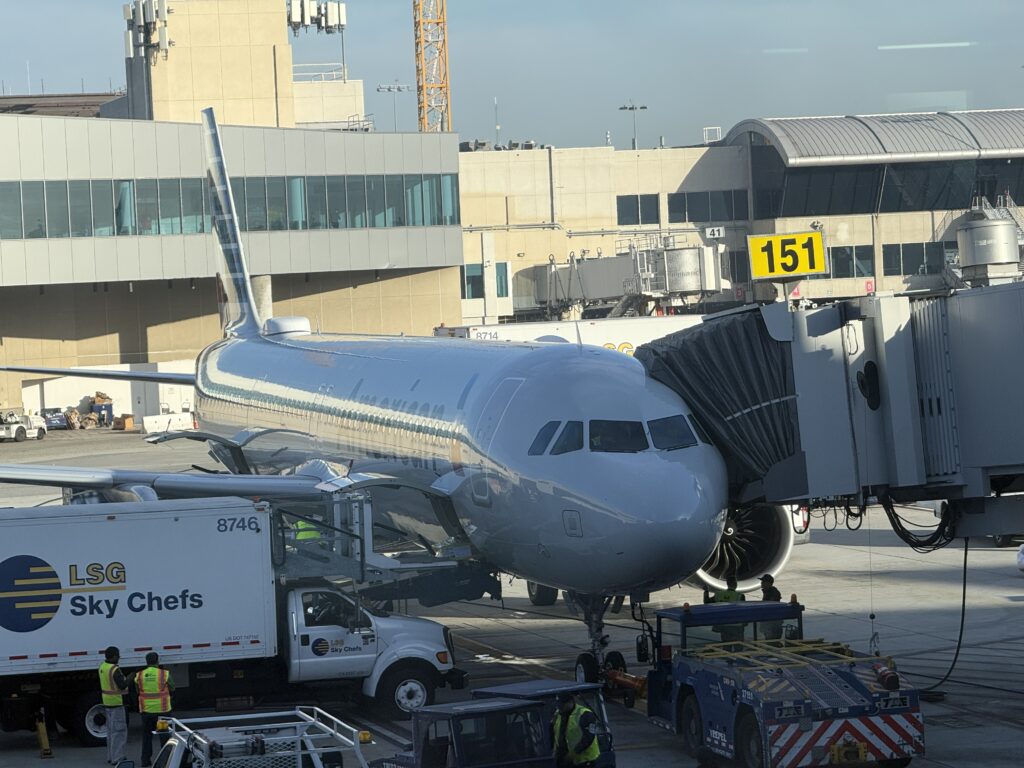 American Airlines Airbus A321XLR at the gate for boarding. 