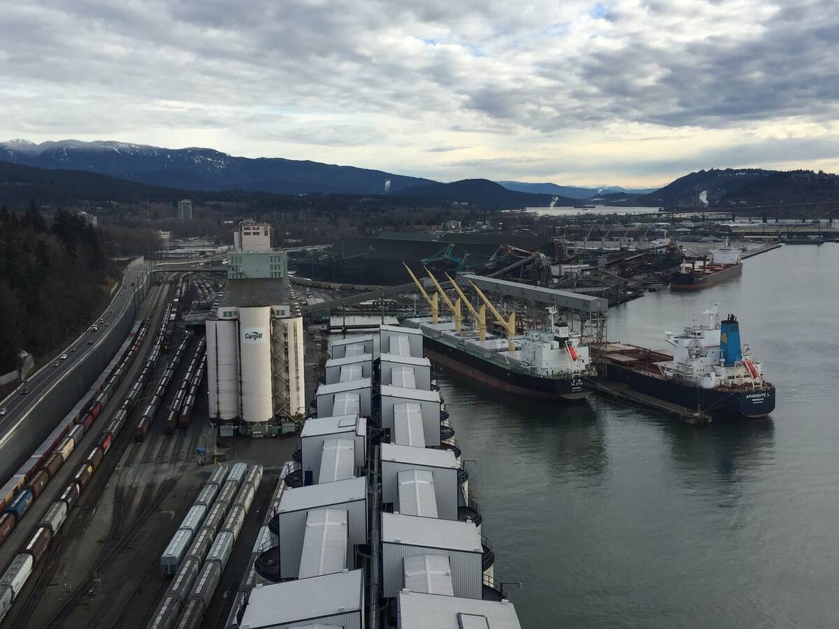 An aerial photo of Cargill's terminal at the Port of Vancouver.