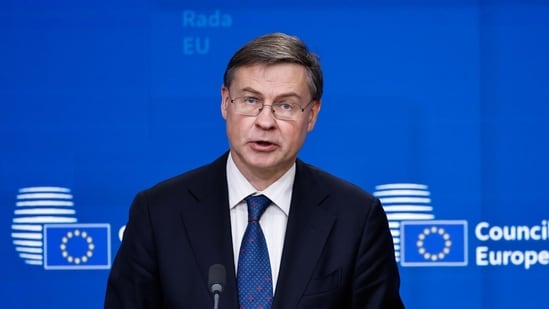 Valdis Dombrovskis, economy commissioner for the European Union (EU), during a news conference following the Economic and Financial Affairs Council (ECOFIN) meeting at the European Council headquarters in Brussels, Belgium, on Friday, Dec. 12, 2025. The EU put forward a proposal last week to use the immobilized assets to back a �90 billion loan to cover Ukraine�s economic and military needs for the next two years. Photographer: Simon Wohlfahrt/Bloomberg(Bloomberg)