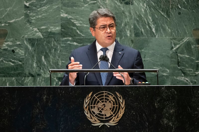 NEW YORK, NEW YORK - SEPTEMBER 22: Honduran President Juan Orlando Hernandez Alvarado addresses the United Nations General Assembly on September 22, 2021 in New York City. More than 100 heads of state or government are attending the session in person, although the size of delegations are smaller due to the Covid-19 pandemic.  (Photo by Eduardo Munoz - Pool/Getty Images)