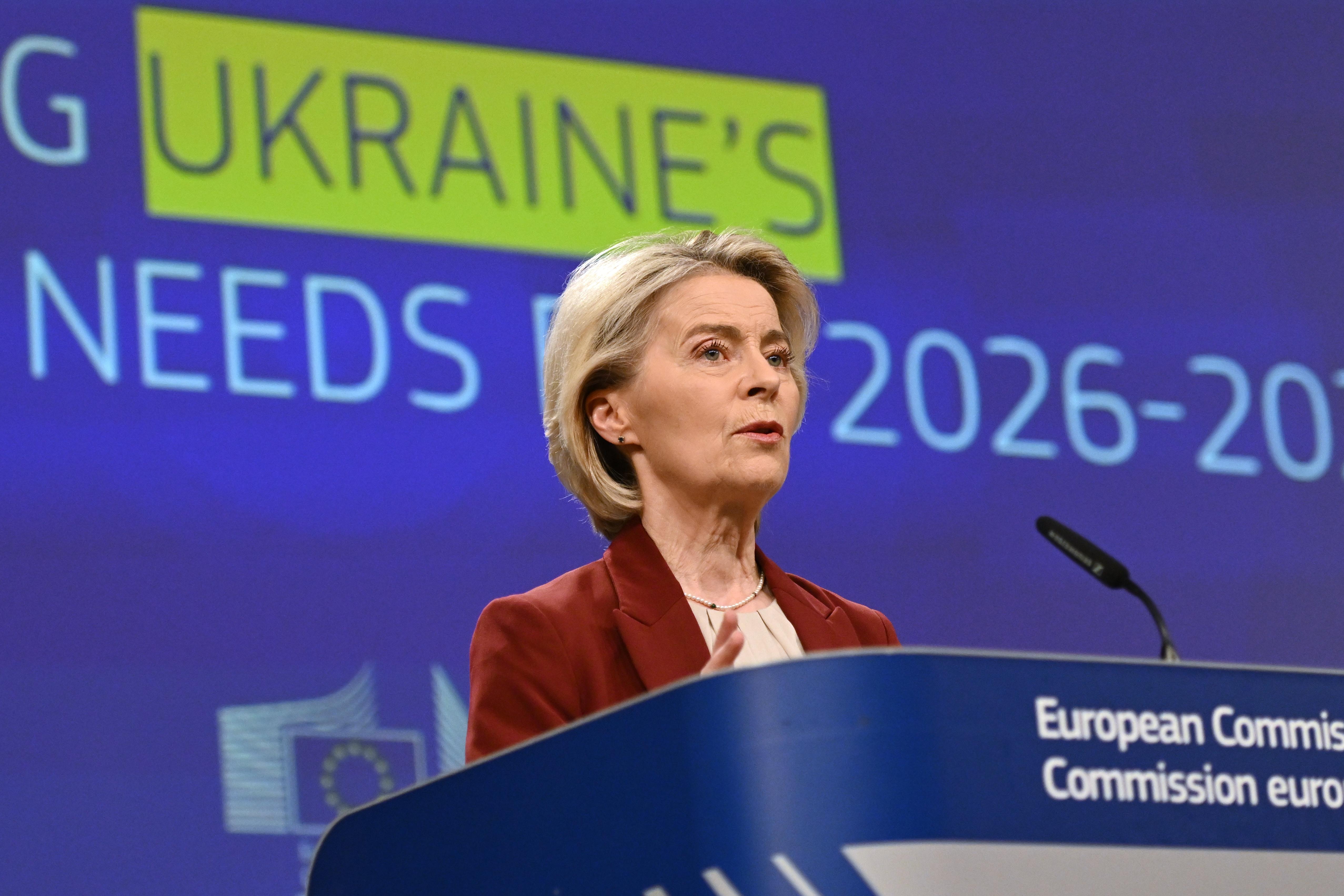 European Commission President Ursula von der Leyen speaks during a...