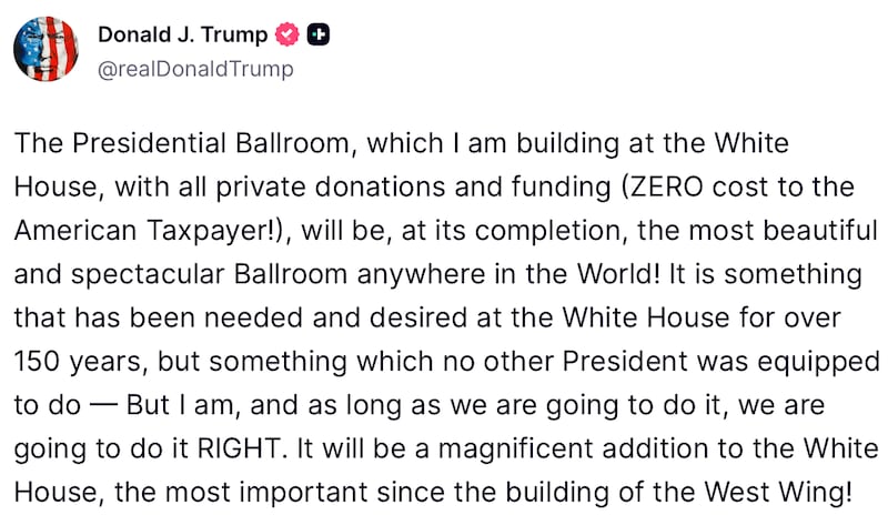 Donald Trump posts a ballroom update on his Truth Social account.