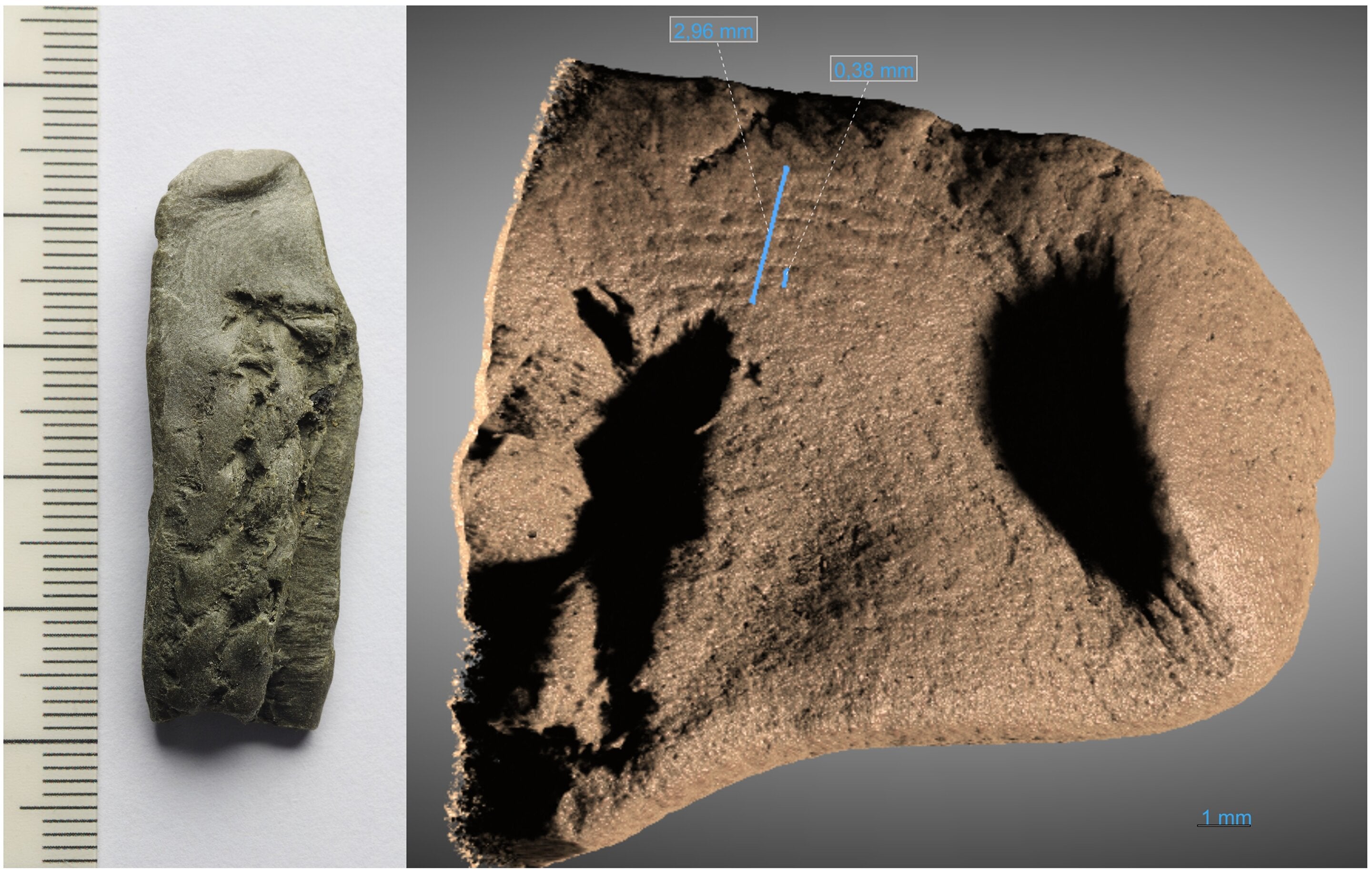 Caulking fragment showing fingerprint on the left and high-resolution X-ray tomography scan of fingerprint region on the right