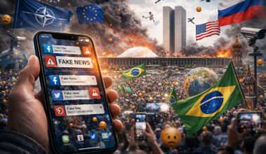 The illustrative scene shows the Brazilian National Congress surrounded by smoke, social media displaying fake news, and global geopolitical symbols in the background.